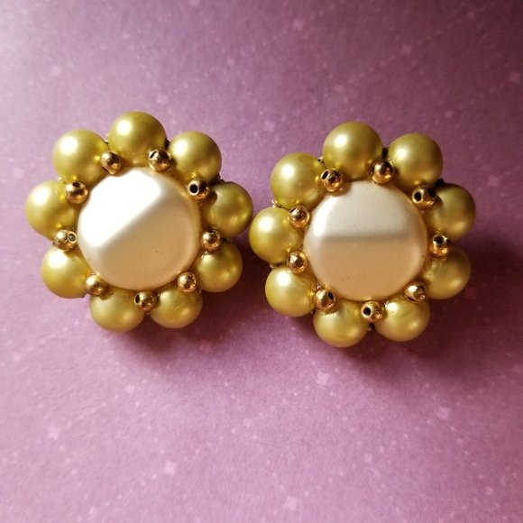 Vintage Jewelry - Relisted- Vintage moonglow yellow clip earrings beaded gold